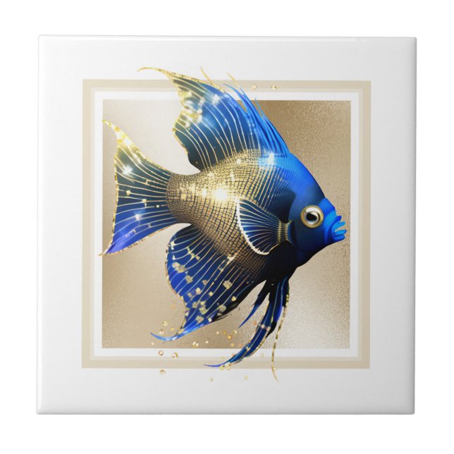 Glam gold angel fish blue nautical marine reef  tile (Front)