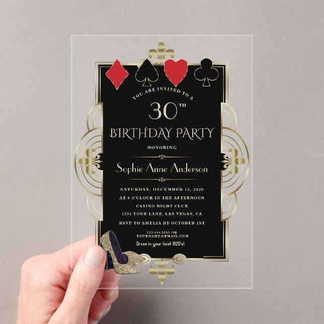 Glam Gold Art Deco Casino Poker 30th Birthday Acrylic Invitations (Insitu (Handheld))