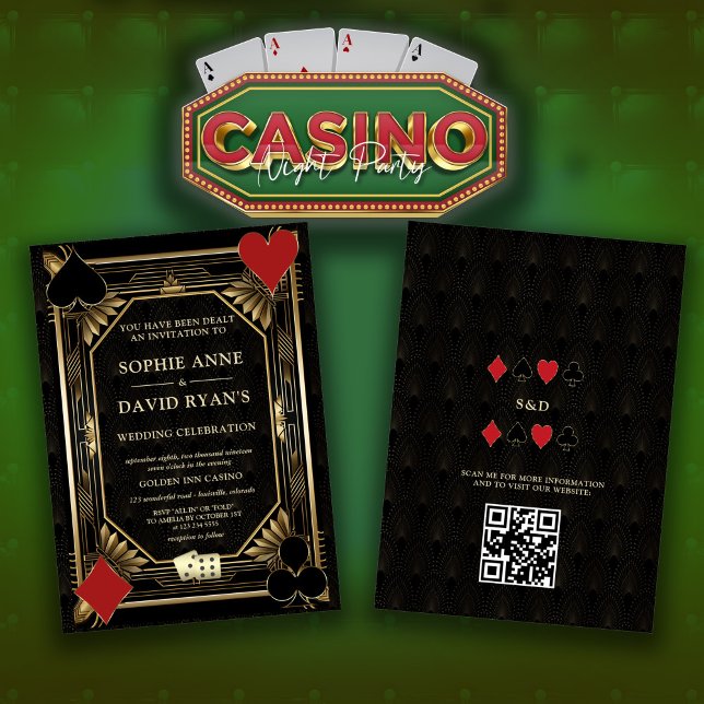 Glam Gold Art Deco Casino QR Code Poker Wedding  Invitation (casino Las Vegas wedding invitation, trendy elegant gold black wedding invite, Art Deco vegas invite)
