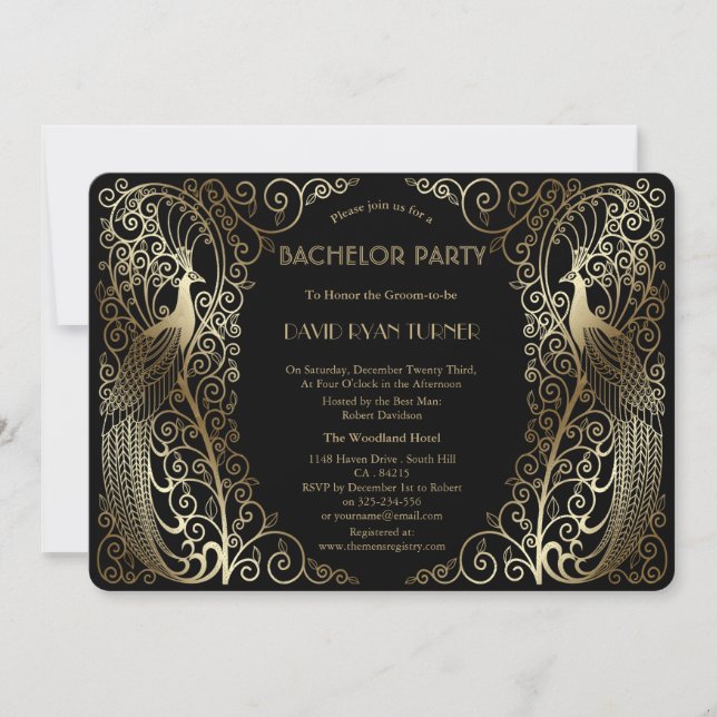 Glam Gold Art Deco Peacocks Bachelor Party Invitation (Front)