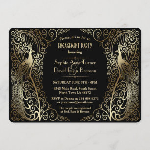 Glam Gold Art Deco Peacocks Engagement Party Invitation