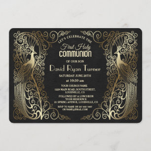 Glam Gold Art Deco Peacocks First Holy Communion Invitation