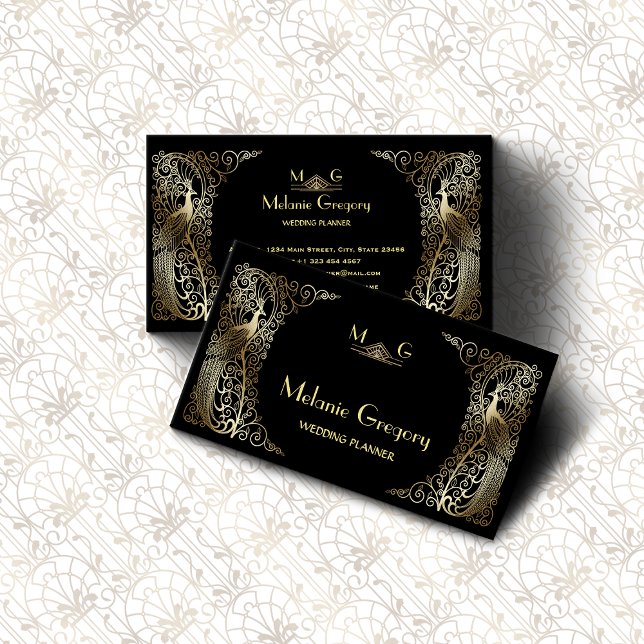 Glam Gold Art Deco Peacocks Professional Monogram Business Card (Creator Uploaded)