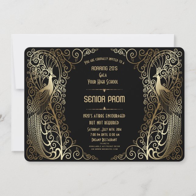 Glam Gold Art Deco Peacocks Senior Prom Invite (Front)