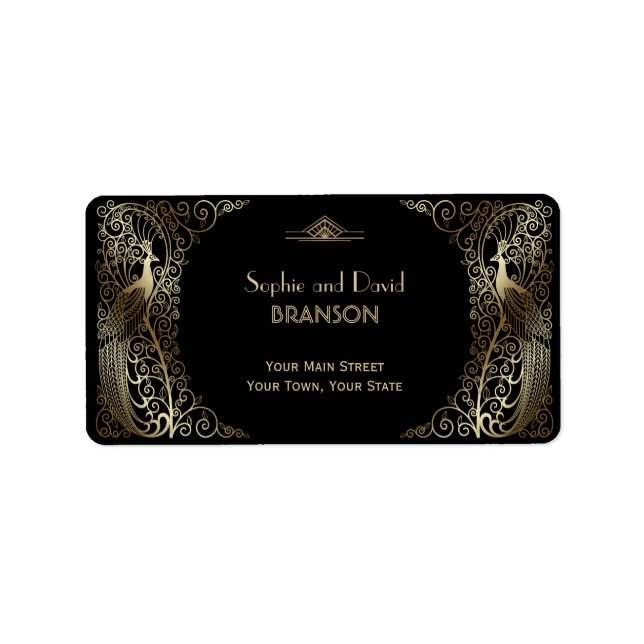 Glam Gold Art Deco Peacocks Wedding Label (Front)