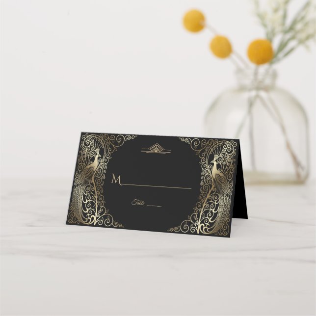 Glam Gold Art Deco Peacocks Wedding Place Card (Front)