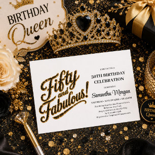 Glam Gold Black Confetti Fifty And Fabulous Party Invitation