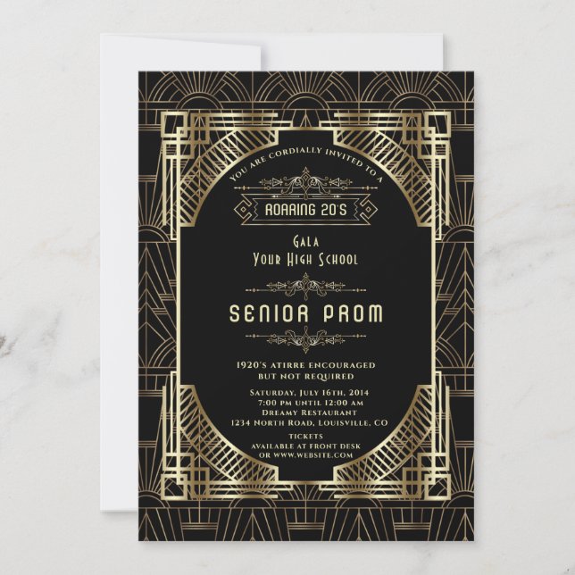 Glam Gold Black Deco Gatsby 20s Style Senior PROM Invitation (Front)