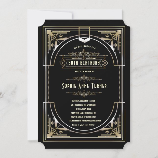 Glam Gold Black Great Gatsby Art Deco 50 Birthday Invitation (Front)