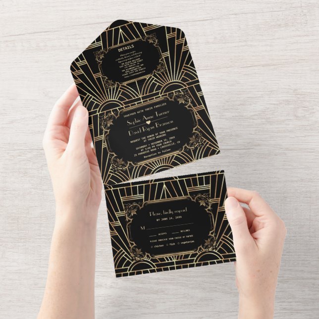 Glam Gold Black Great Gatsby Art Deco Wedding   All In One Invitation (Tearaway)