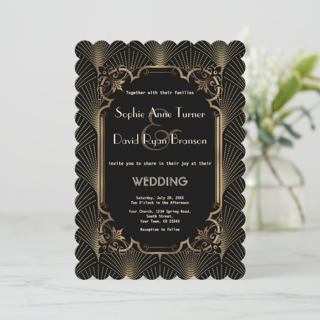 Glam Gold Black Great Gatsby Art Deco Wedding Invitation (Standing Front)