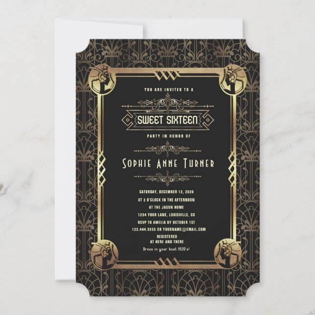 Glam Gold Black Great Gatsby Sweet Sixteen Invitation (Front)