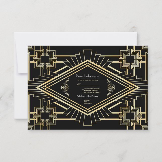 Glam Gold Black Great Gatsby Wedding RSVP Card (Front)
