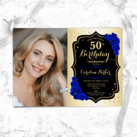 Glam Gold Black Royal Blue 50th Photo Birthday