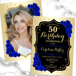 Glam Gold Black Royal Blue Photo 50th Birthday Invitation