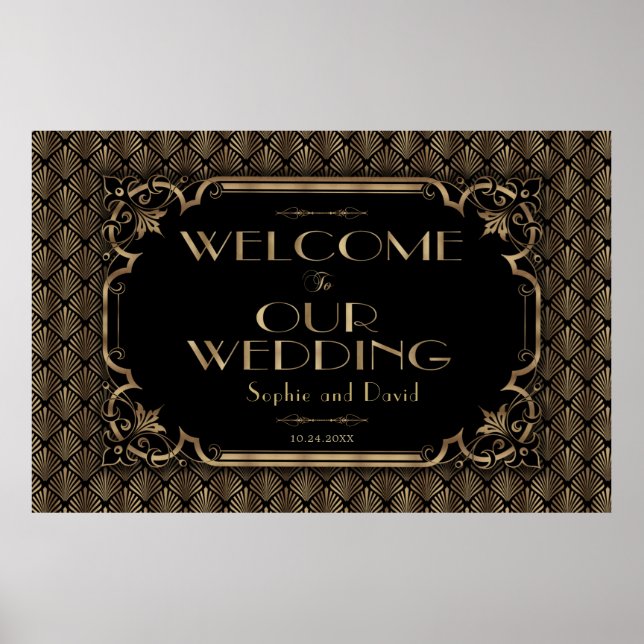 Glam Gold Black Wedding Welcome Sign (Front)