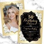 Glam Gold Black White Photo 50th Birthday Invitation<br><div class="desc">Elegant floral feminine 50th birthday invitation with your photo at the back of the card. Glam design with faux gold. Features white roses, script font and confetti. Perfect for a stylish adult bday celebration party. Personalise with your own details. Can be customised for any age! Printed Zazzle invitations or instant...</div>