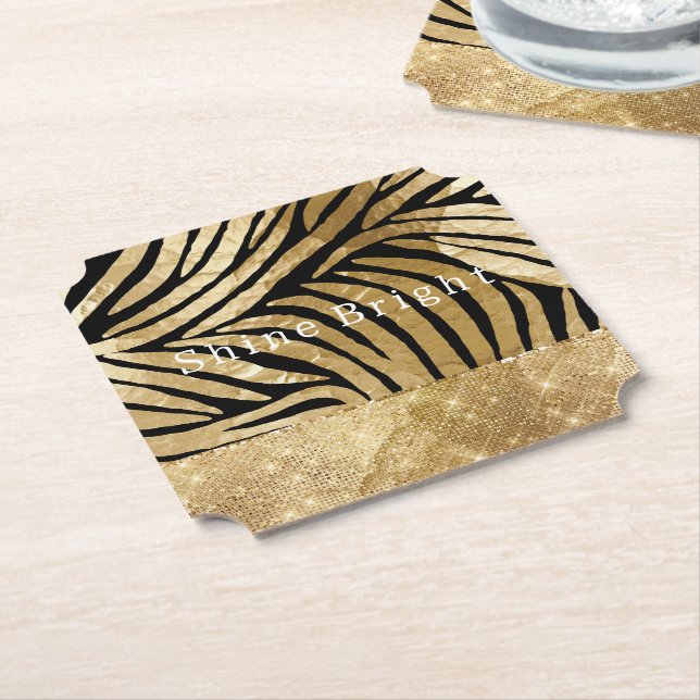 Glam Gold Black Zebra Animal Glitzy Sparkle  Paper Coaster (Angled)
