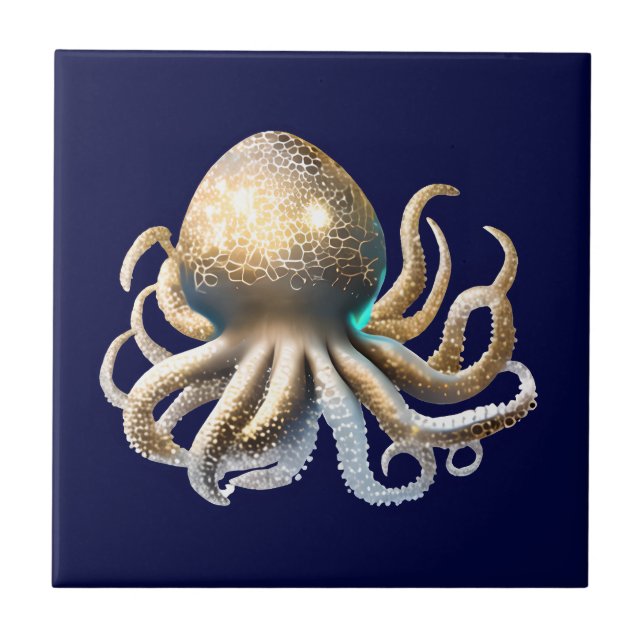 Glam gold blue octopi cephalopod chic beach tile (Front)