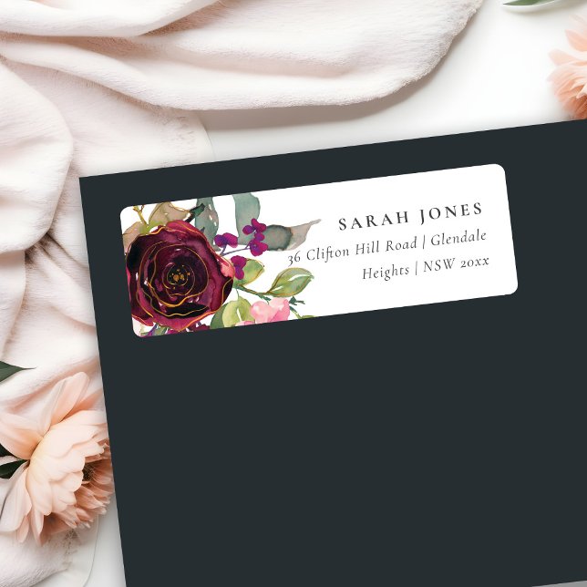 GLAM GOLD BLUSH BURGUNDY ROSE FLORAL ADDRESS LABEL (Creator Uploaded)