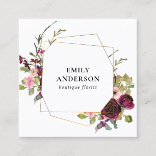 GLAM GOLD BLUSH BURGUNDY WATERCOLOR ROSE FLORAL SQUARE BUSINESS CARD