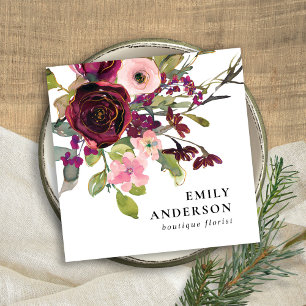 GLAM GOLD BLUSH BURGUNDY WATERCOLOR ROSE FLORAL SQUARE BUSINESS CARD