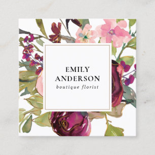GLAM GOLD BLUSH BURGUNDY WATERCOLOR ROSE FLORAL SQUARE BUSINESS CARD
