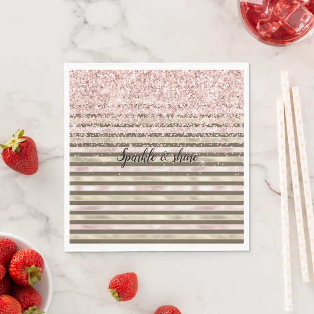 Glam Gold Blush Pink Brown Stripes Girly Glitter Napkin (Insitu)