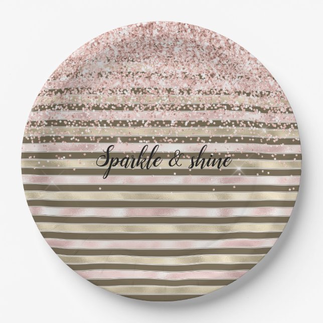 Glam Gold Blush Pink Brown Stripes Girly Glitter Paper Plate (Front)
