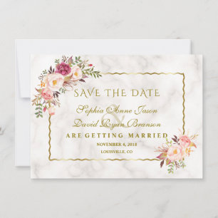 Glam Gold Blush Pink Floral Marble Save The Date