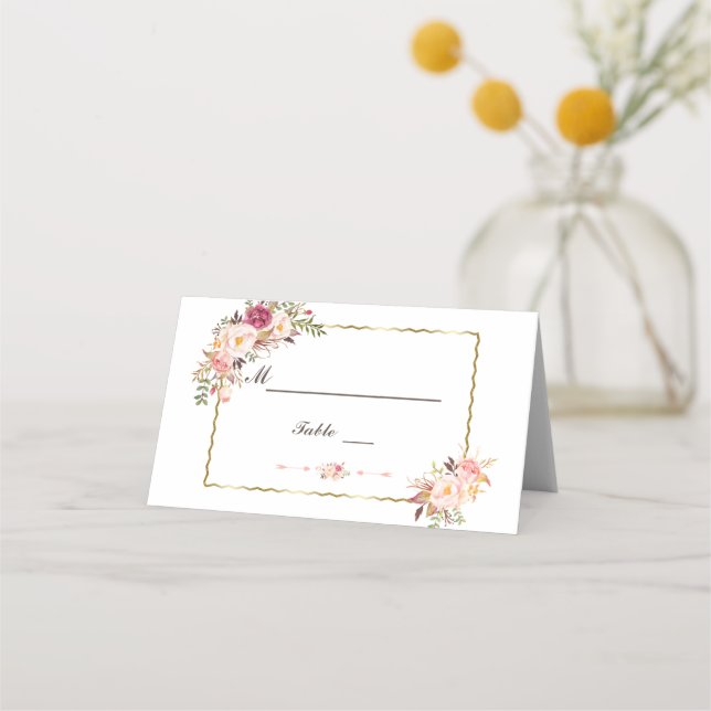 Glam Gold Blush Pink Floral Wedding Table Number Place Card (Front)