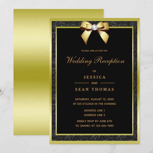 Glam Gold Bow & Black Glitter Wedding Reception Invitation (Front/Back)