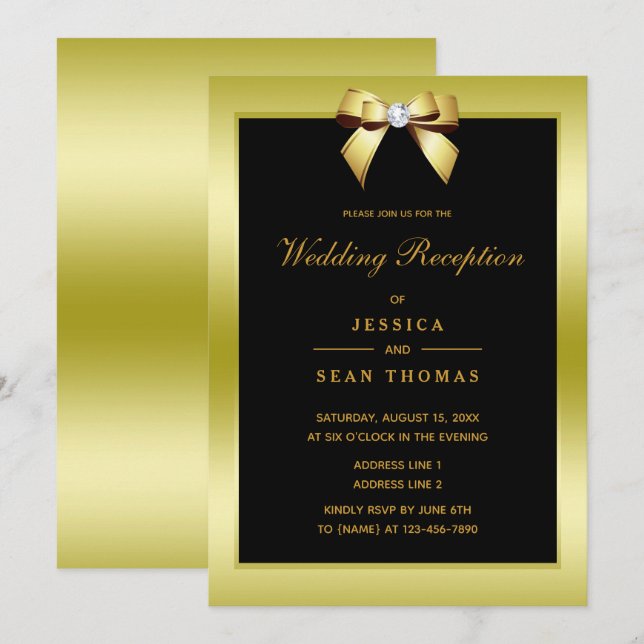 Glam Gold Bow & Black Wedding Reception Invitation (Front/Back)