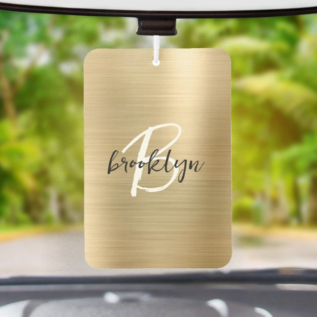 Glam Gold Brushed Metal Black White Monogram  Car Air Freshener (Creator Uploaded)
