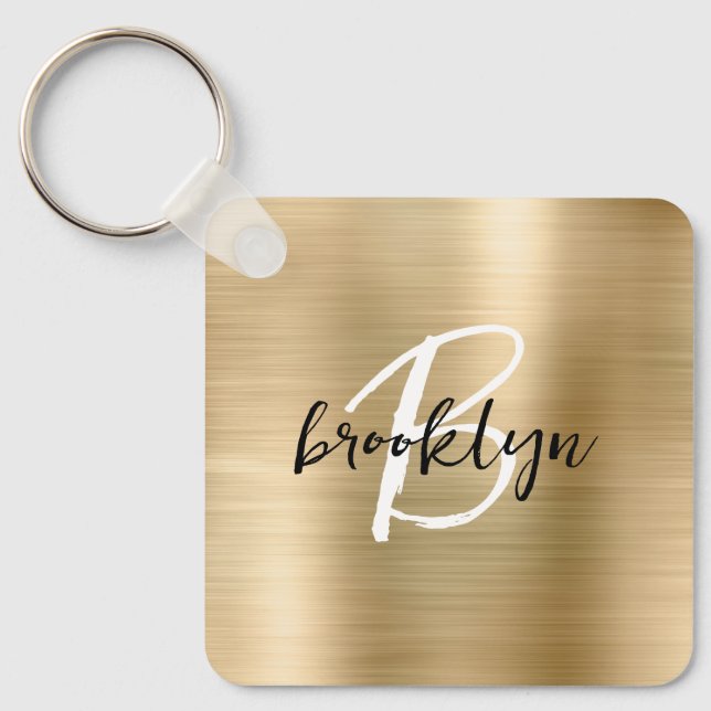 Glam Gold Brushed Metal Monogram  Key Ring (Front)