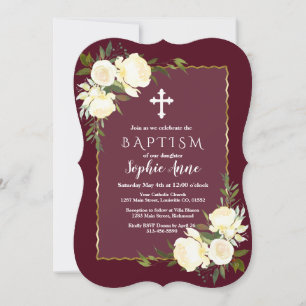 Glam Gold Burgundy White Floral Baptism Invite