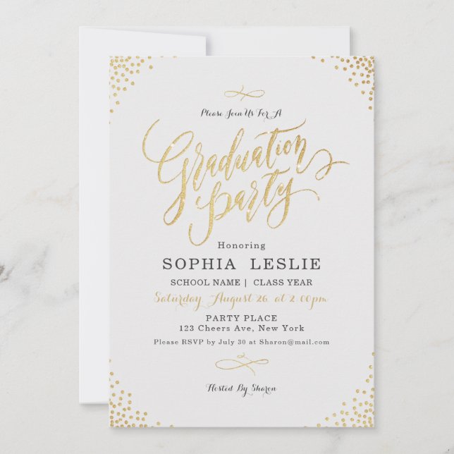 Glam gold calligraphy vintage graduation party invitation (Front)