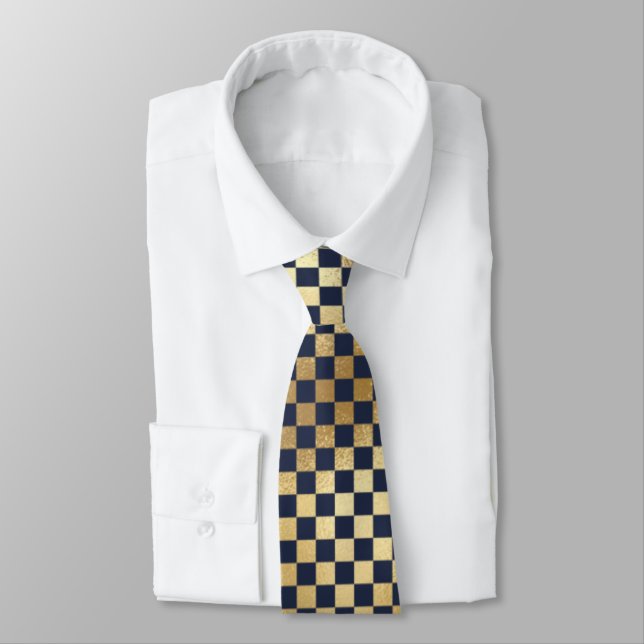 Glam Gold Chequerboard Navy Blue Tie (Tied)