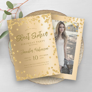 Glam Gold Chic Glitter Photo Sweet 16 Invitation