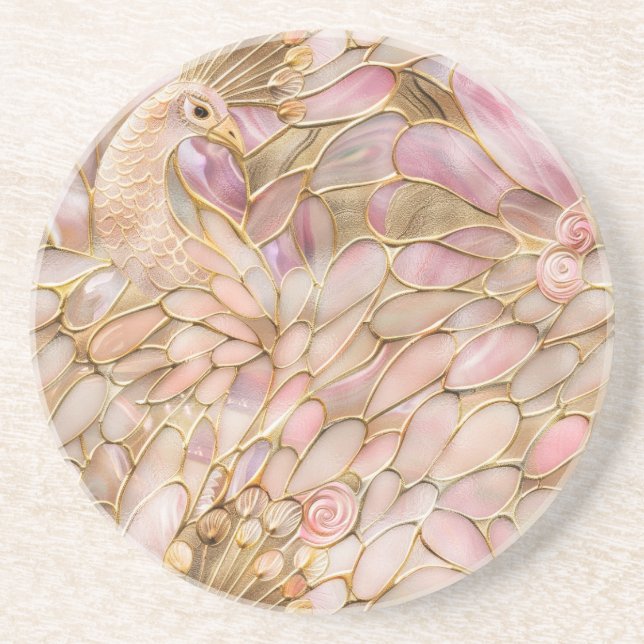 Glam Gold Chic Pink Peacock Coaster (Front)
