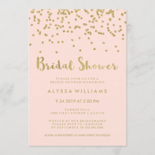 Glam Gold Confetti Bridal Shower on Blush Pink Invitation
