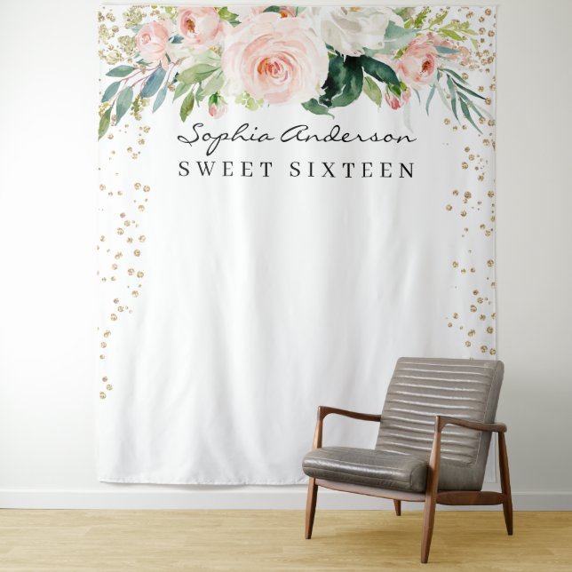 Glam Gold Confetti Sweet 16 Birthday Backdrop Tapestry (In Situ)