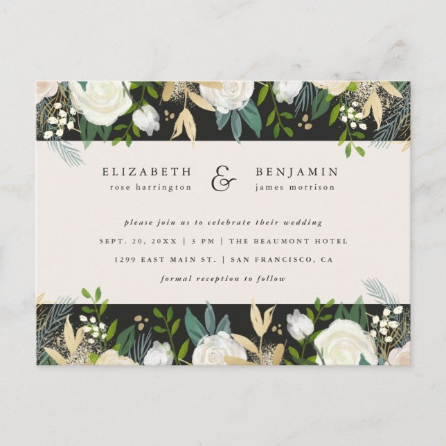 Glam Gold & Cream Watercolor Floral Wedding Invitation Postcard (Front)