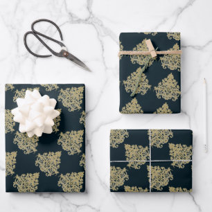 Glam gold damask navy blue wrapping paper sheet