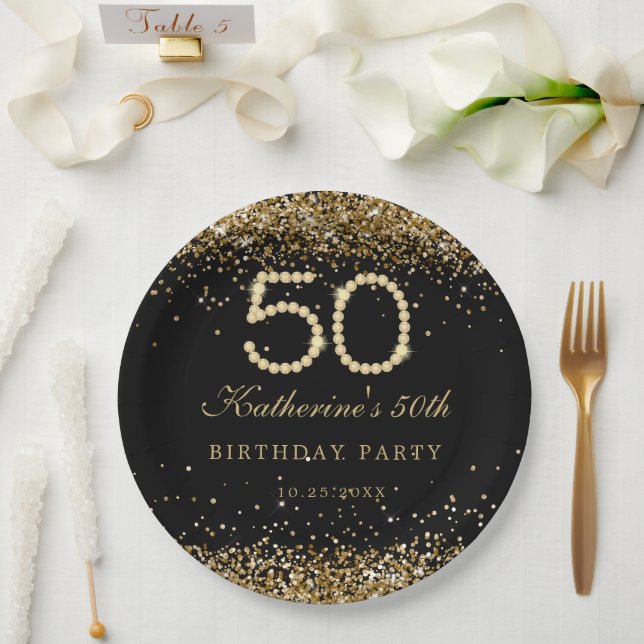 Glam Gold Diamonds 50th Birthday Party Paper Plate (Wedding)