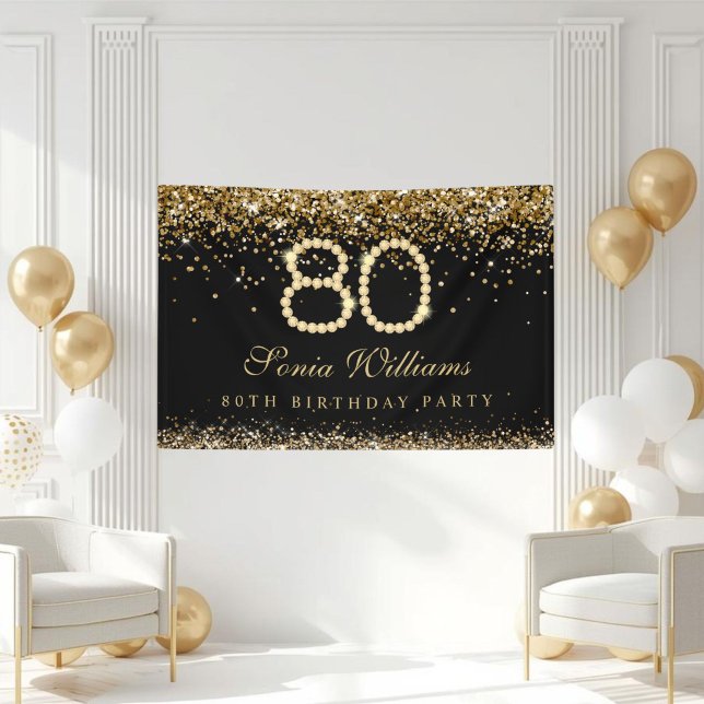 Glam Gold Diamonds 80th Birthday Party Banner (Gold Diamonds 80th Birthday Party decoration banner)
