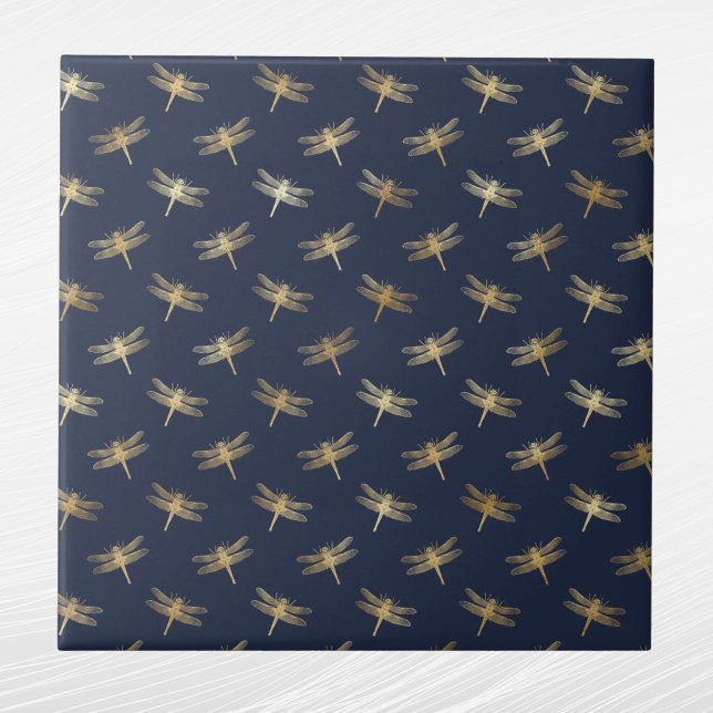 Glam Gold Dragonflies Navy Blue Tile (Creator Uploaded)