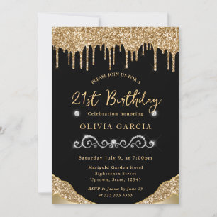 Glam Gold Dripping Glitter 21st Birthday Invitation
