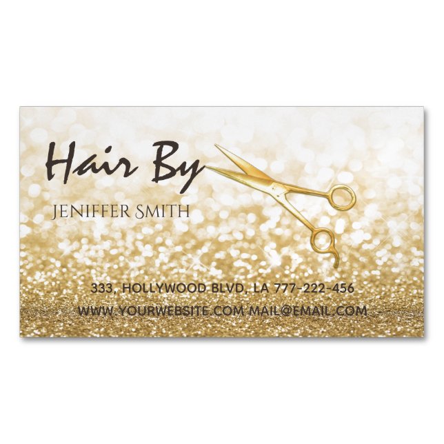 Glam gold elegant modern bokeh scissors magnetic business card (Front)