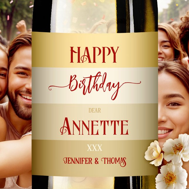 Glam Gold Elegant Striped Birthday  Wine Label (Wine label with a modern glam striped design in tan gold. Beautiful for a birthday)